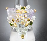 Серебряное кольцо с резными аметистами и празиолитом 12,03 карата, и диопсидами