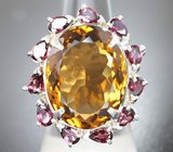 Серебряное кольцо с крупным цитрином 17,28 карата и родолитами