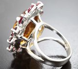 Серебряное кольцо с крупным цитрином 17,28 карата и родолитами