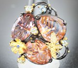 Серебряное кольцо с резным кварцем 20,19 карата, топазами и сапфирами