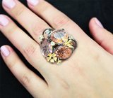 Серебряное кольцо с резным кварцем 20,19 карата, топазами и сапфирами
