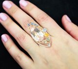 Коктейльное золотое кольцо с крупным морганитом высокой чистоты 14,89 карата, яркими самоцветами и бриллиантами