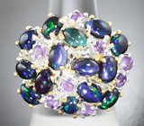 Серебряное кольцо с кристаллическими черными опалами и аметистами