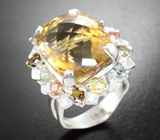 Серебряное кольцо с крупным цитрином 20,1 карата, разноцветными турмалинами и сапфирами