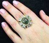 Серебряное кольцо с полихромным корундом 14,08 карата, разноцветными турмалинами и голубыми топазами