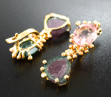 Золотые серьги с контрастными слайсами арбузных турмалинов 5,65 карата, яркими зеленым и розовыми турмалинами, и бриллиантами