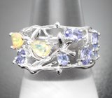 Серебряное кольцо с ограненными эфиопскими опалами и танзанитами