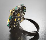 Серебряное кольцо с лимонным цитрином лазерной огранки, хризопразом и перидотами