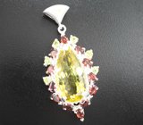 Серебряный кулон с крупным лимонным цитрином, альмандинами гранатами и перидотами