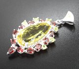 Серебряный кулон с крупным лимонным цитрином, альмандинами гранатами и перидотами
