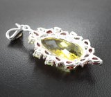 Серебряный кулон с крупным лимонным цитрином, альмандинами гранатами и перидотами