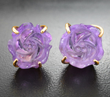 Крупные золотые пусеты с насыщенными резными аметистами 16,89 карата