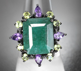Серебряное кольцо с изумрудом 5,86 карата, аметистами и перидотами
