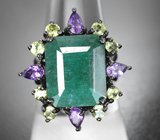Серебряное кольцо с изумрудом 5,86 карата, аметистами и перидотами