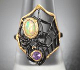 Серебряное кольцо с кристаллическим эфиопским опалом и аметистом