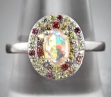 Праздничное серебряное кольцо с ограненным эфиопским опалом и сапфирами