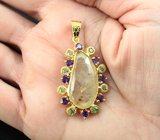 Крупный серебряный кулон с рутиловым кварцем, аметистами и перидотами