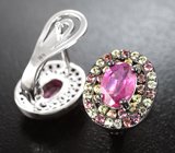 Серебряные серьги с розовыми «неоновым» и разноцветными сапфирами