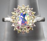 Праздничное серебряное кольцо с ограненным эфиопским опалом и сапфирами