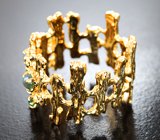 Массивное золотое кольцо с насыщенными уральскими александритами 0,39 карата, хризобериллами с эффектом кошачьего глаза и бриллиантами