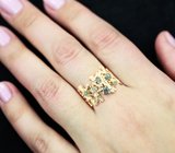 Массивное золотое кольцо с насыщенными уральскими александритами 0,39 карата, хризобериллами с эффектом кошачьего глаза и бриллиантами