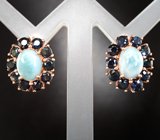 Эффектные серебряные серьги с ларимаром и синими сапфирами