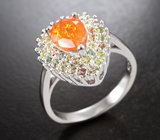 Превосходное серебряное кольцо с ограненным мексиканским опалом и разноцветными сапфирами