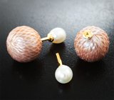 Золотые пусеты с крупным резным жемчугом Edison 32,1 карата и белым морским жемчугом