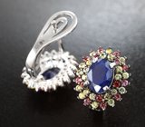Серебряные серьги с насыщенно-синими и разноцветными сапфирами бриллиантовой огранки
