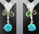 Серьги с резной бирюзой 2,97 карата и турмалинами