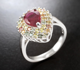 Замечательное серебряное кольцо с рубином топового цвета и разноцветными сапфирами бриллиантовой огранки