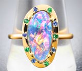 Кольцо с австралийским триплет опалом 2,37 карата, цаворитами и сапфирами