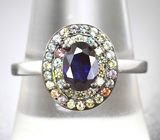 Серебряное кольцо с насыщенно-синим и разноцветными сапфирами бриллиантовой огранки