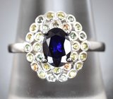 Серебряное кольцо с насыщенно-синим и разноцветными сапфирами бриллиантовой огранки