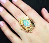 Массивное золотое кольцо с крупным ограненным эфиопским опалом 4,49 карата, красными и желтыми сапфирами, цаворитами и бриллиантами