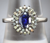 Серебряное кольцо с насыщенно-синим и разноцветными сапфирами бриллиантовой огранки