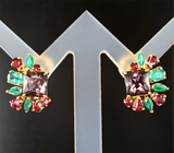 Серьги с гранатами со сменой цвета 4,71 карата, уральскими изумрудами и сапфирами