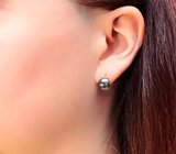 Золотые пусеты с идеально круглым черным морским жемчугом 7,46 карата! Титановый люстр