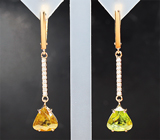 Золотые серьги с желтым и зеленым сфенами 6,38 карата и бриллиантами