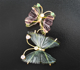 Кулон с резными турмалинами 13,91 карата, розовыми турмалинами, цаворитами гранатами и бесцветными цирконами