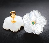 Золотые пусеты с резным перламутром 12,62 карата и яркими уральскими изумрудам