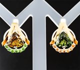 Серьги из золота и серебра с яркими турмалинами 4,38 карата, диопсидами и сапфирами