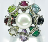 Кольцо с жемчужиной и самоцветами-бриолетами Серебро 925