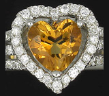 Кольцо с золотистым цитрином в форме сердца! Технология MICRO PAVE Серебро 925