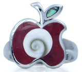 Кольцо "Яблочко" с раковиной SHIVA, красным кораллом и абалоном Серебро 925