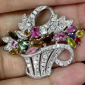 Брошь "Цветочная корзинка" с разноцветными турмалинами