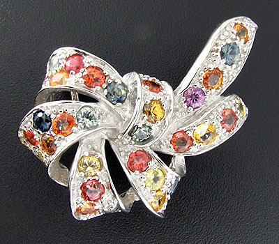 Брошь "Бант" с разноцветными сапфирами