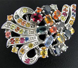 Роскошная брошь с разноцветными сапфирами Серебро 925