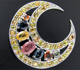 Брошь "Месяц" с разноцветными сапфирами Серебро 925