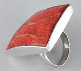 Крупное кольцо с красным кораллом Серебро 925